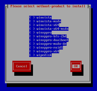 Screenshot: bootimage / boot-cd:: Liste des produits netboot