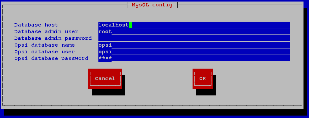 Dialog opsi-setup --configure-mysql